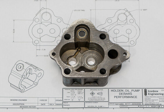 Worn component being measured for reverse engineering